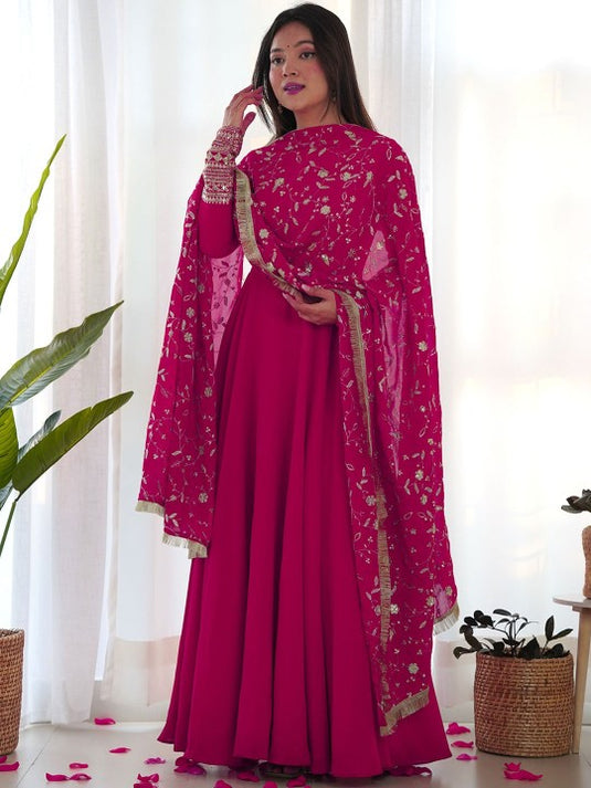 Dark Pink Printed Anarkali Gown With Pant & Dupatta Set