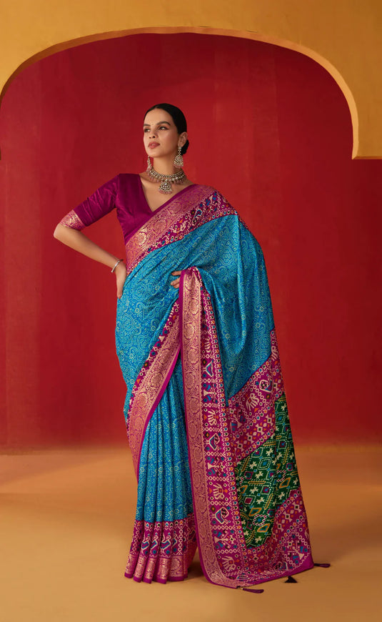 Peacock Blue Zari border Patola Saree SBS1