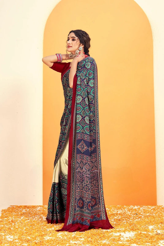 Maroon Red Kalmkari With Pashmina Design Mysore Silk Saree