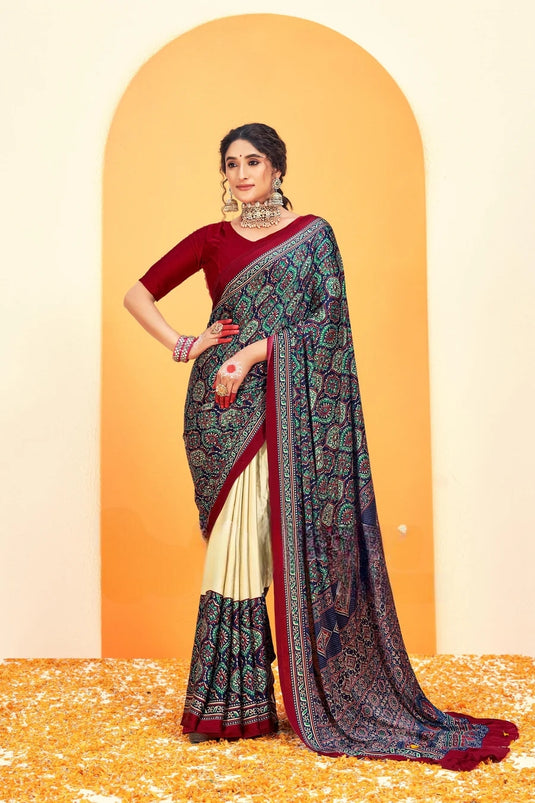 Maroon Red Kalmkari With Pashmina Design Mysore Silk Saree