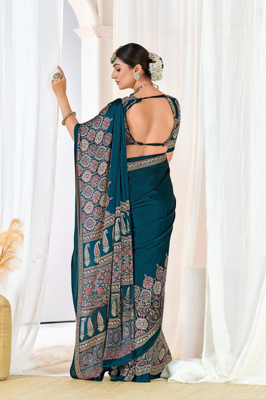 Indigo Morpich Ajrakh Printed Modal Silk Plain Saree With Ajrakh Blouse P6