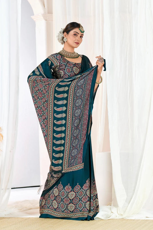 Indigo Morpich Ajrakh Printed Modal Silk Plain Saree With Ajrakh Blouse P6