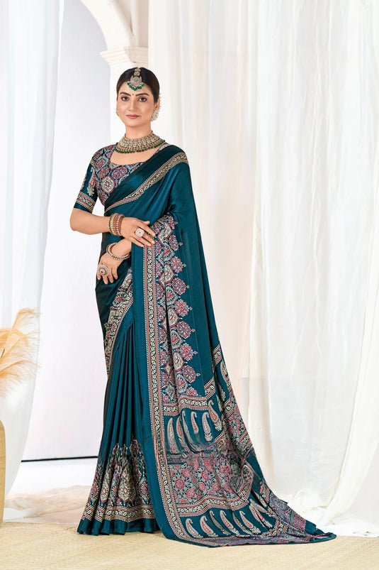 Indigo Morpich Ajrakh Printed Modal Silk Plain Saree With Ajrakh Blouse P6