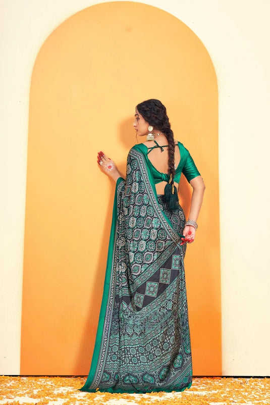 Soft Green Ajrakh Printed Soft Modal Silk Natural Print Saree P5