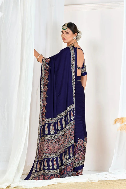 Blue Ajrakh Printed Modal Silk Plain Saree With Ajrakh Blouse P6