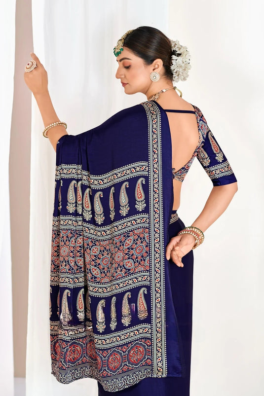 Blue Ajrakh Printed Modal Silk Plain Saree With Ajrakh Blouse P6