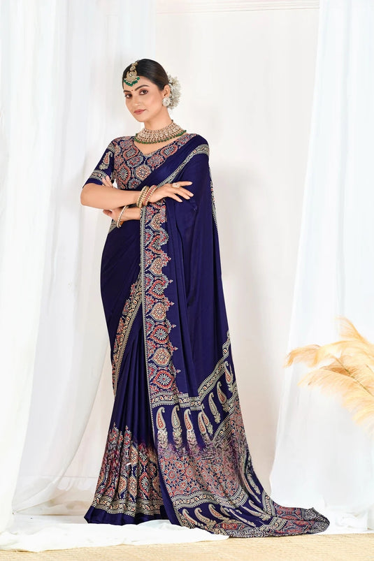 Blue Ajrakh Printed Modal Silk Plain Saree With Ajrakh Blouse P6