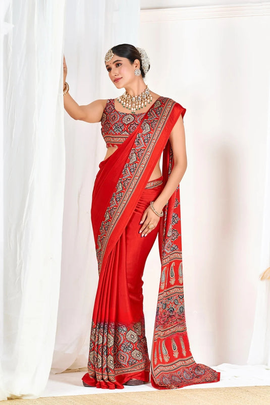 Red Ajrakh Printed Modal Silk Plain Saree With Ajrakh Blouse P6