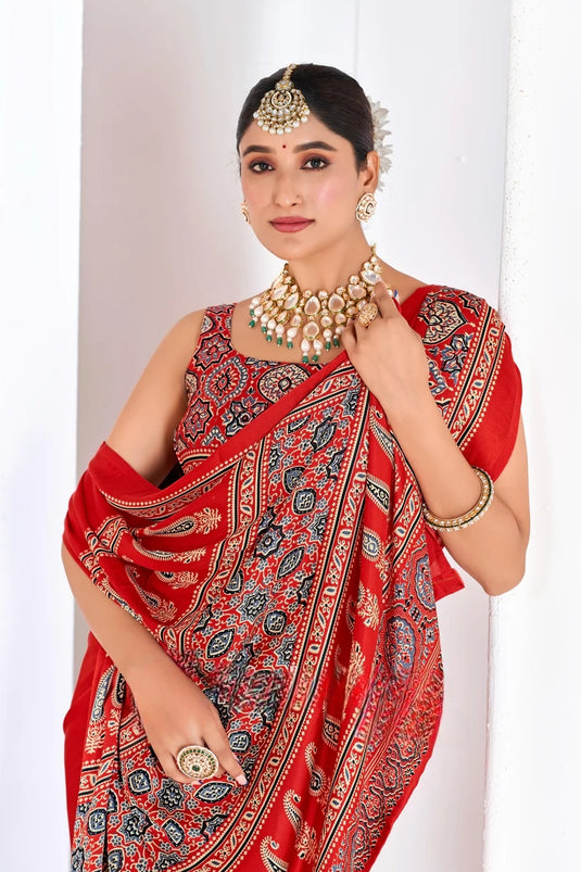 Red Ajrakh Printed Modal Silk Plain Saree With Ajrakh Blouse P6