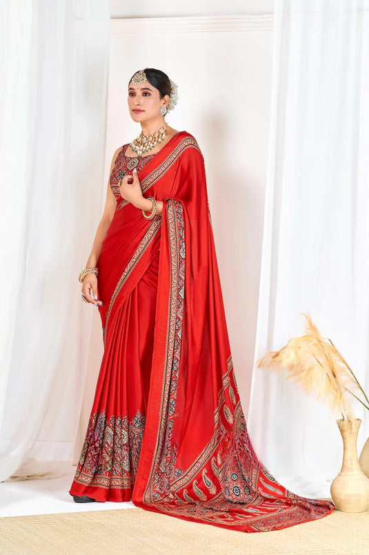 Red Ajrakh Printed Modal Silk Plain Saree With Ajrakh Blouse P6