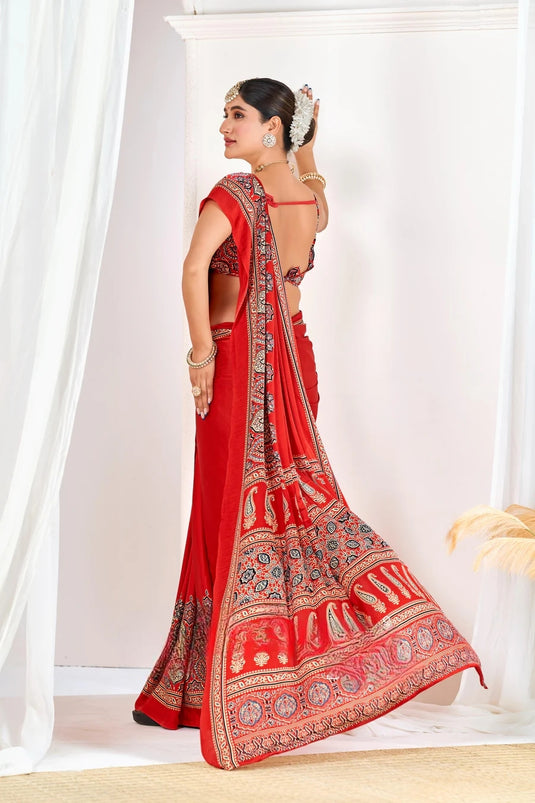 Red Ajrakh Printed Modal Silk Plain Saree With Ajrakh Blouse P6