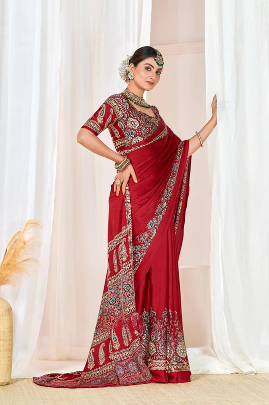 Maroon Ajrakh Printed Modal Silk Plain Saree With Ajrakh Blouse P6