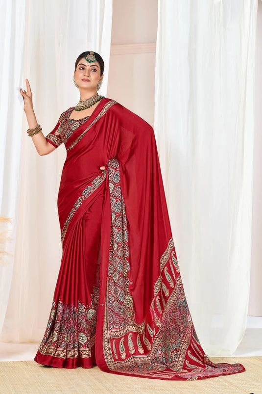 Maroon Ajrakh Printed Modal Silk Plain Saree With Ajrakh Blouse P6