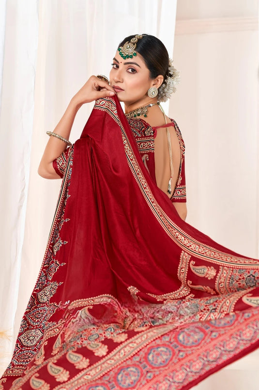 Maroon Ajrakh Printed Modal Silk Plain Saree With Ajrakh Blouse P6