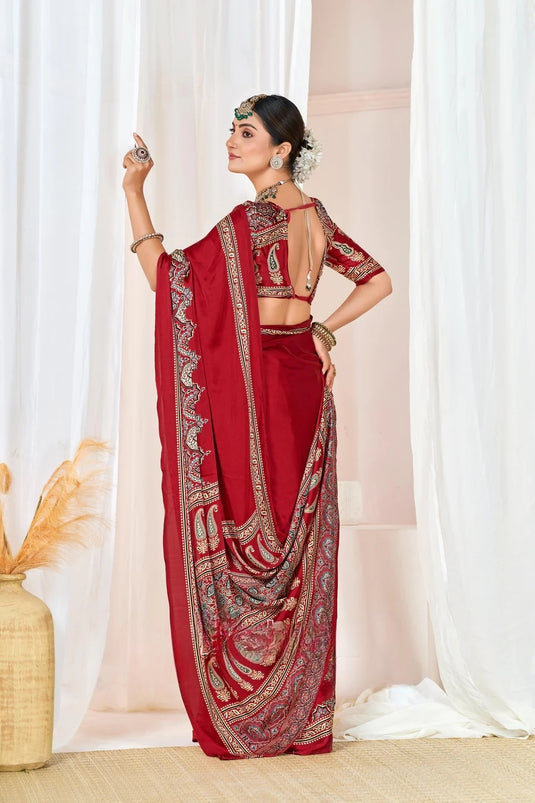 Red Ajrakh Printed Modal Silk Plain Saree With Ajrakh Blouse P6