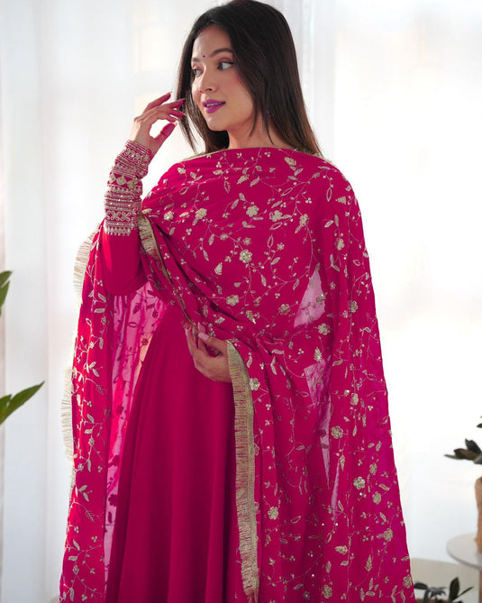 Dark Pink Printed Anarkali Gown With Pant & Dupatta Set