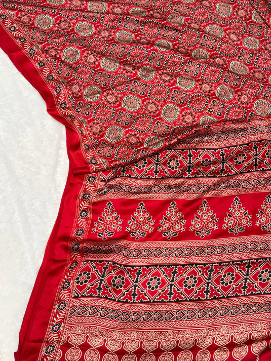 Red Ajrakh Printed Soft Modal Silk Natural Print Saree P2