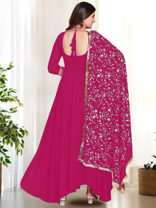 Dark Pink Printed Anarkali Gown With Pant & Dupatta Set