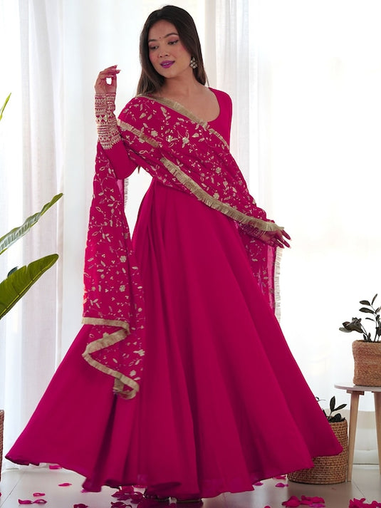 Dark Pink Printed Anarkali Gown With Pant & Dupatta Set