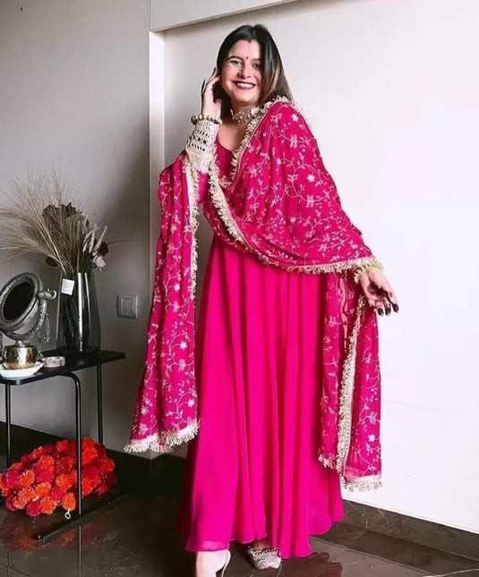 Dark Pink Printed Anarkali Gown With Pant & Dupatta Set