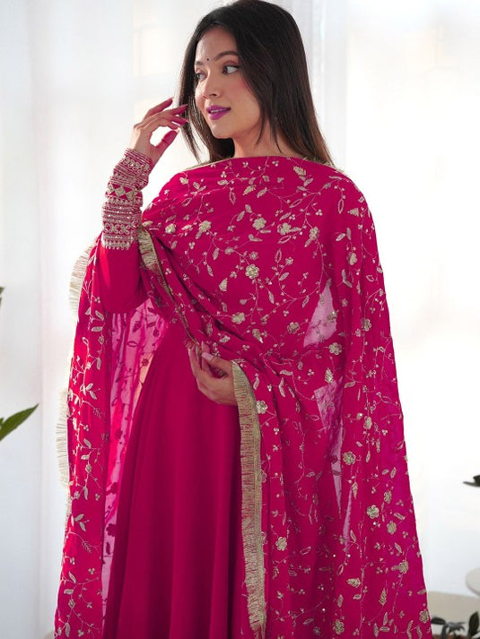 Dark Pink Printed Anarkali Gown With Pant & Dupatta Set