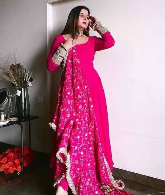 Dark Pink Printed Anarkali Gown With Pant & Dupatta Set