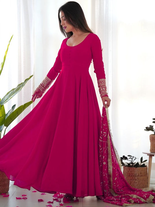 Dark Pink Printed Anarkali Gown With Pant & Dupatta Set