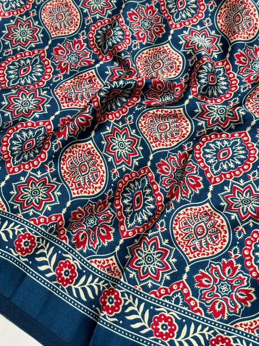 Indigo Morpich Ajrakh Printed Soft Modal Silk Natural Print Saree P2