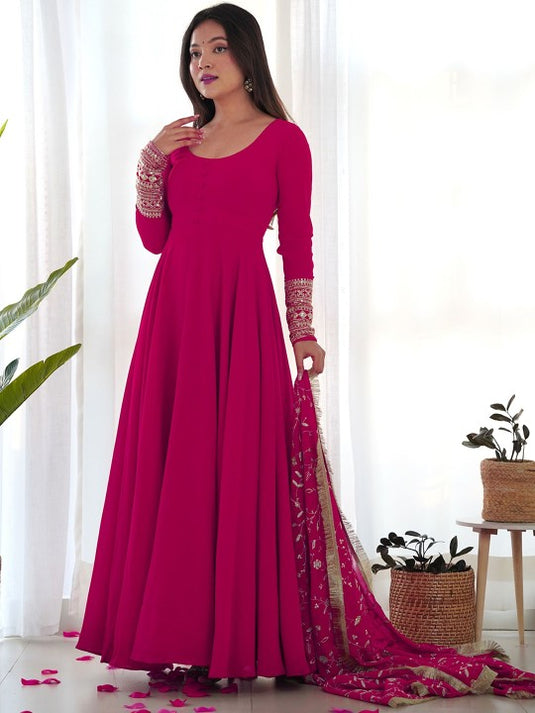 Dark Pink Printed Anarkali Gown With Pant & Dupatta Set