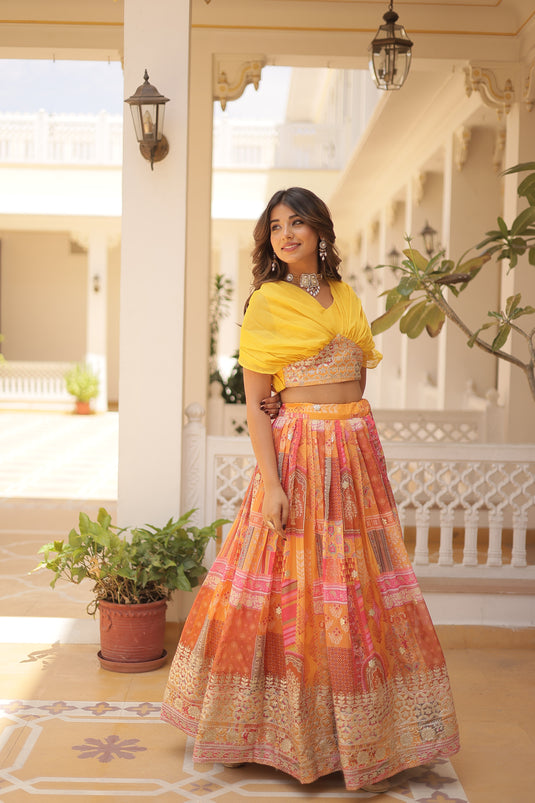 Stunning Printed With Foil Embroidery Work Lehenga Choli