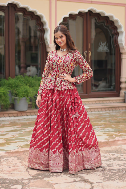 Red Stunning Heavy Thread Sequins Embroidered With Hand Work Lehenga Choli