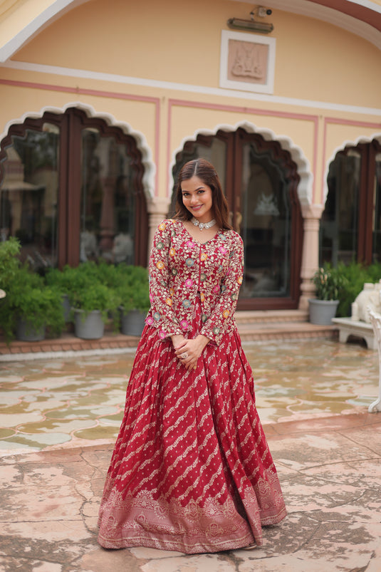 Red Stunning Heavy Thread Sequins Embroidered With Hand Work Lehenga Choli