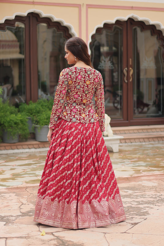 Red Stunning Heavy Thread Sequins Embroidered With Hand Work Lehenga Choli