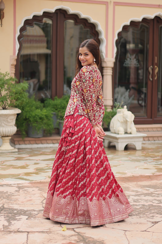 Red Stunning Heavy Thread Sequins Embroidered With Hand Work Lehenga Choli