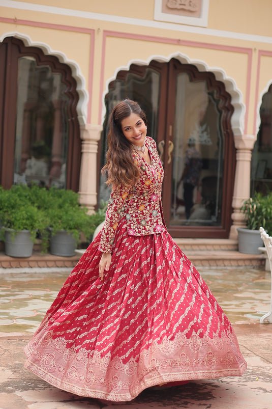 Red Stunning Heavy Thread Sequins Embroidered With Hand Work Lehenga Choli