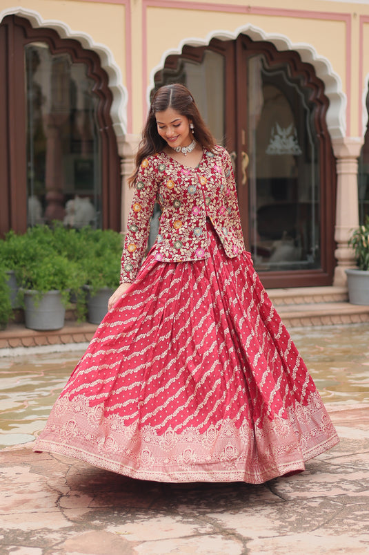 Red Stunning Heavy Thread Sequins Embroidered With Hand Work Lehenga Choli