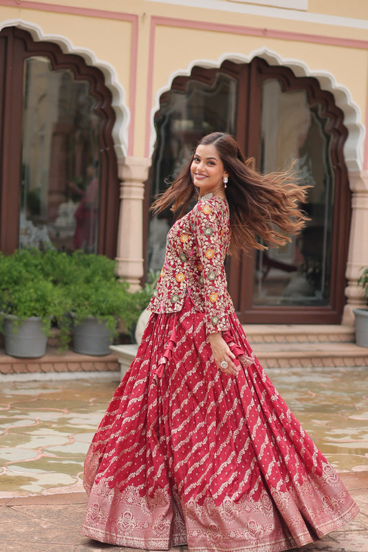 Red Stunning Heavy Thread Sequins Embroidered With Hand Work Lehenga Choli