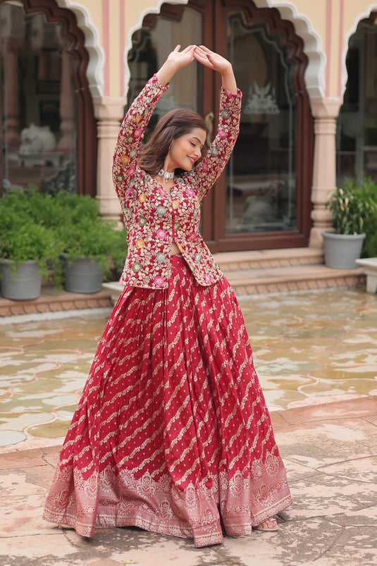 Red Stunning Heavy Thread Sequins Embroidered With Hand Work Lehenga Choli