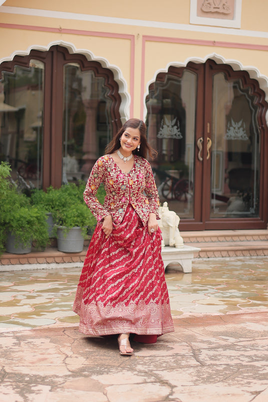 Red Stunning Heavy Thread Sequins Embroidered With Hand Work Lehenga Choli