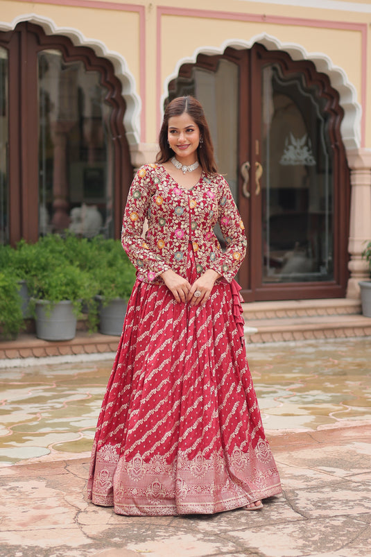 Red Stunning Heavy Thread Sequins Embroidered With Hand Work Lehenga Choli