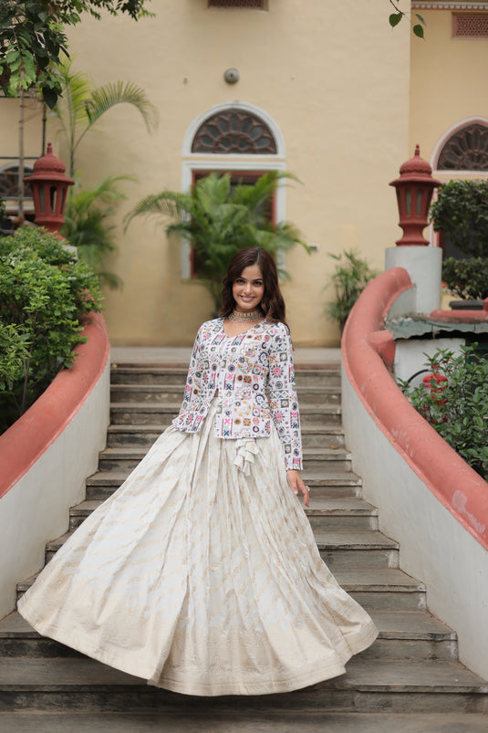 White Stunning Heavy Thread Sequins Embroidered With Hand Work Lehenga Choli