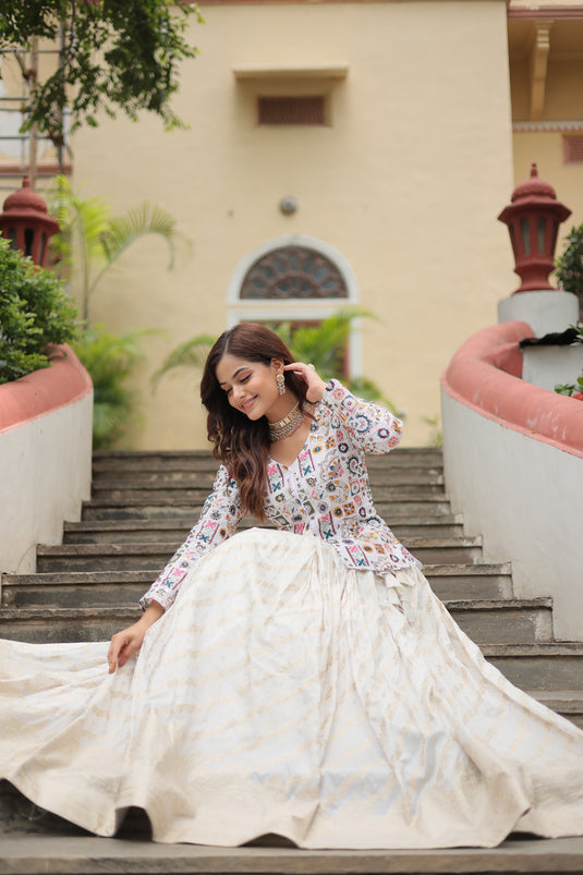 White Stunning Heavy Thread Sequins Embroidered With Hand Work Lehenga Choli