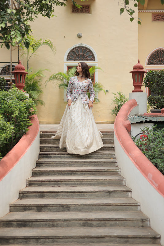 White Stunning Heavy Thread Sequins Embroidered With Hand Work Lehenga Choli