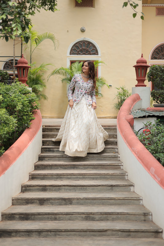 White Stunning Heavy Thread Sequins Embroidered With Hand Work Lehenga Choli