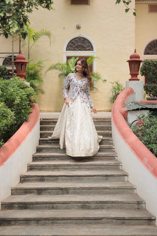 White Stunning Heavy Thread Sequins Embroidered With Hand Work Lehenga Choli