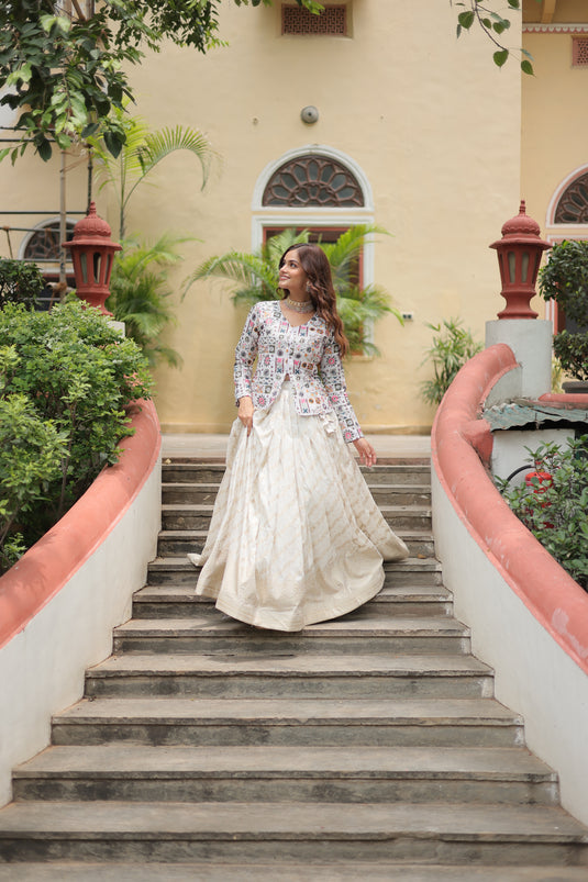 White Stunning Heavy Thread Sequins Embroidered With Hand Work Lehenga Choli