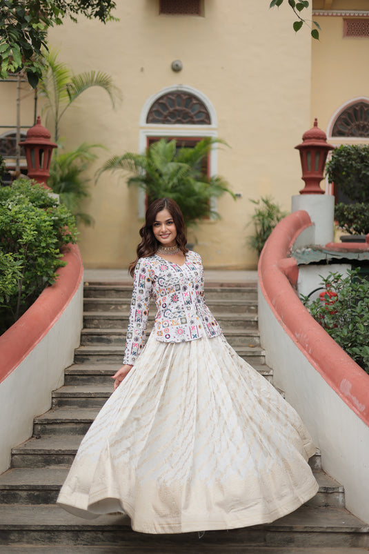 White Stunning Heavy Thread Sequins Embroidered With Hand Work Lehenga Choli