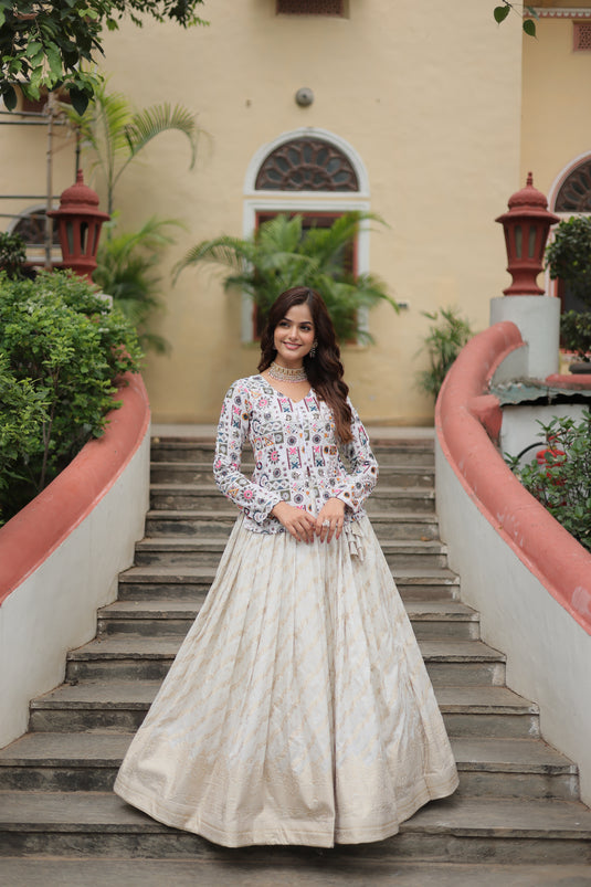 White Stunning Heavy Thread Sequins Embroidered With Hand Work Lehenga Choli