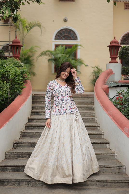 White Stunning Heavy Thread Sequins Embroidered With Hand Work Lehenga Choli