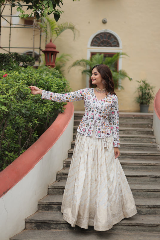 White Stunning Heavy Thread Sequins Embroidered With Hand Work Lehenga Choli